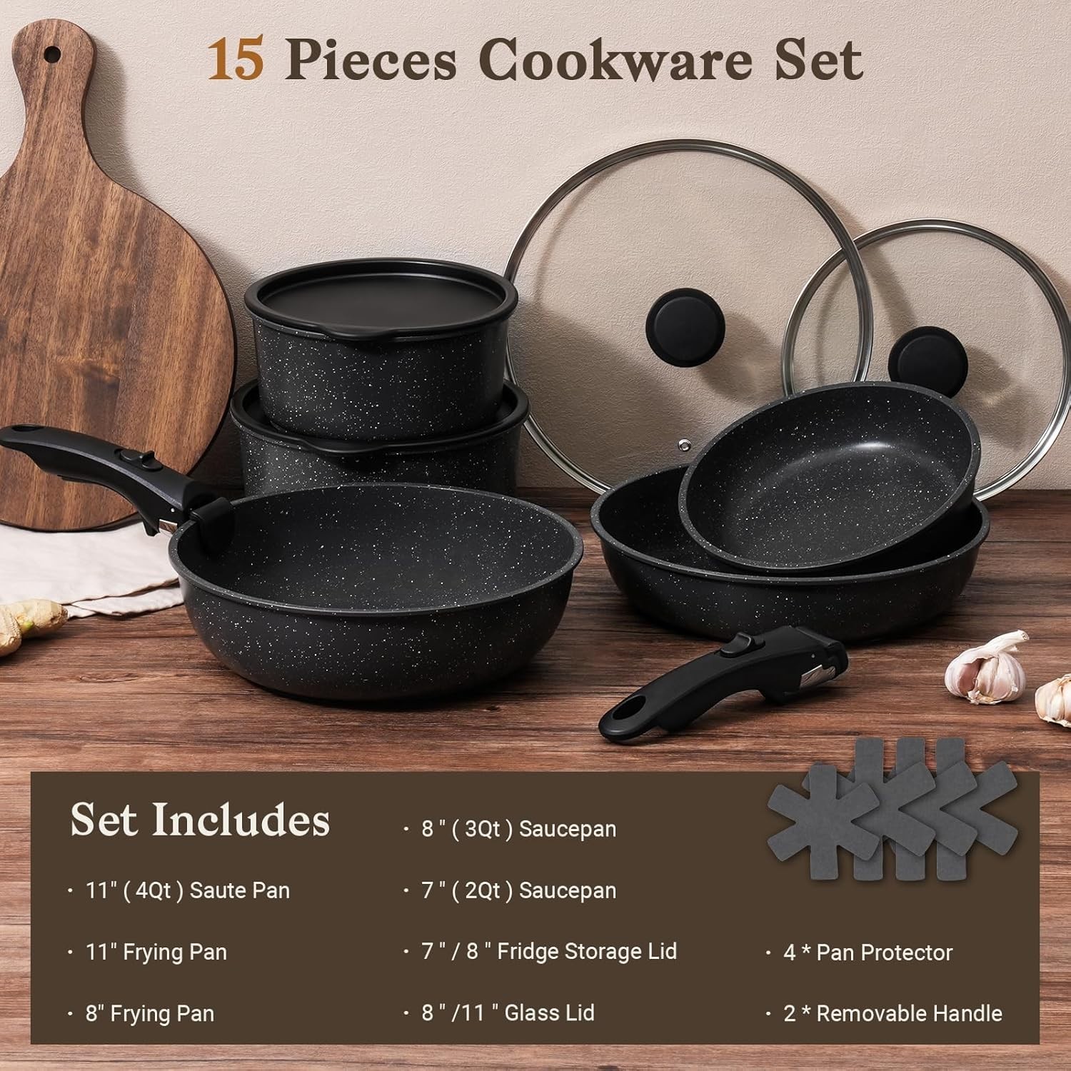 15pcs Nonstick Pots and Pans Set Detachable Handles Oven Safe Induction Black