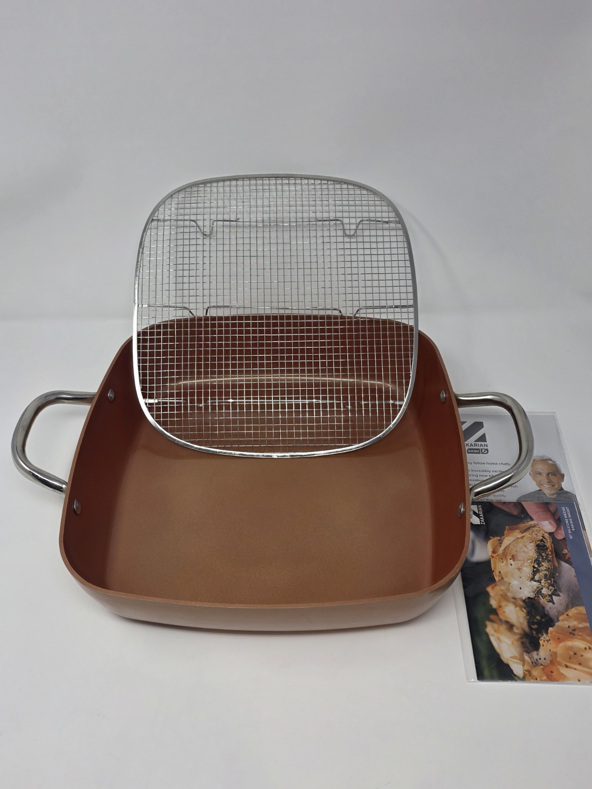 New Copper Chef 12″ Square Deep Fry Pan Skillet w/ Glass Lid Rack Recipe Book