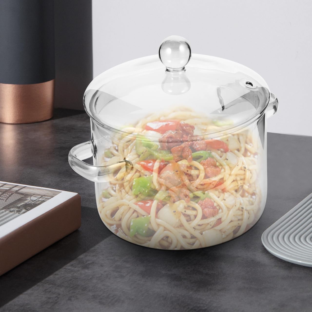 Vaguelly Borosilicate Glass Soup Pot Lid 1.5L/50Oz Transparent Cooking Pot For