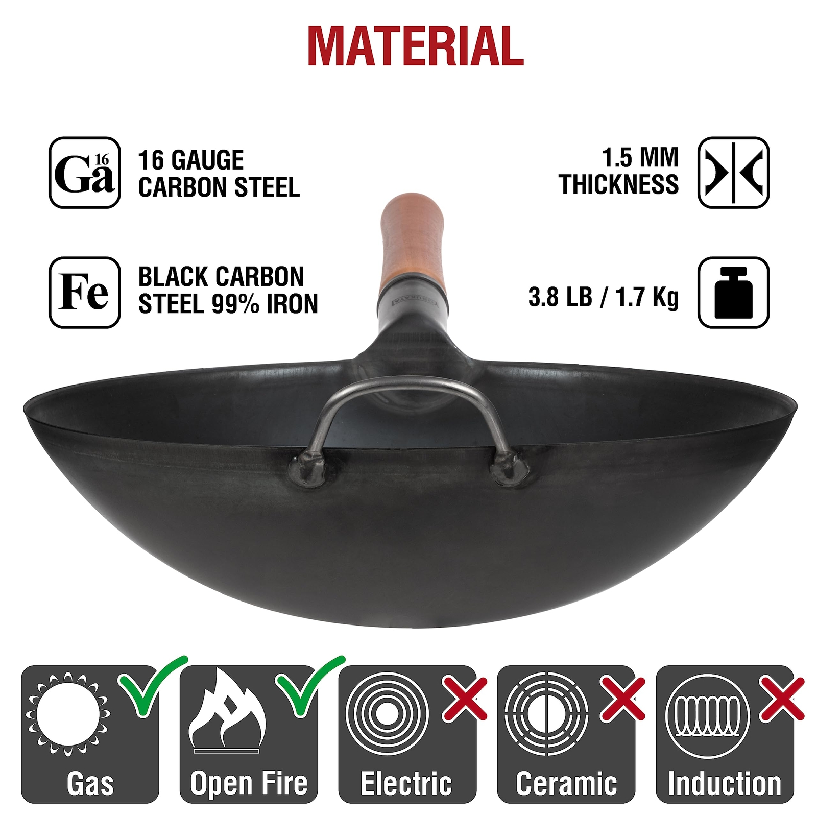 Carbon Steel Wok Pan – 14 in Woks and Stir Fry Pans – Chinese Wok with Round …