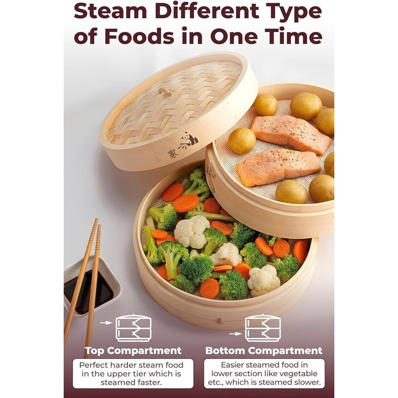 Bamboo Steamer Basket Set Organic Cooking Tool W/ Chopsticks & Liners New
