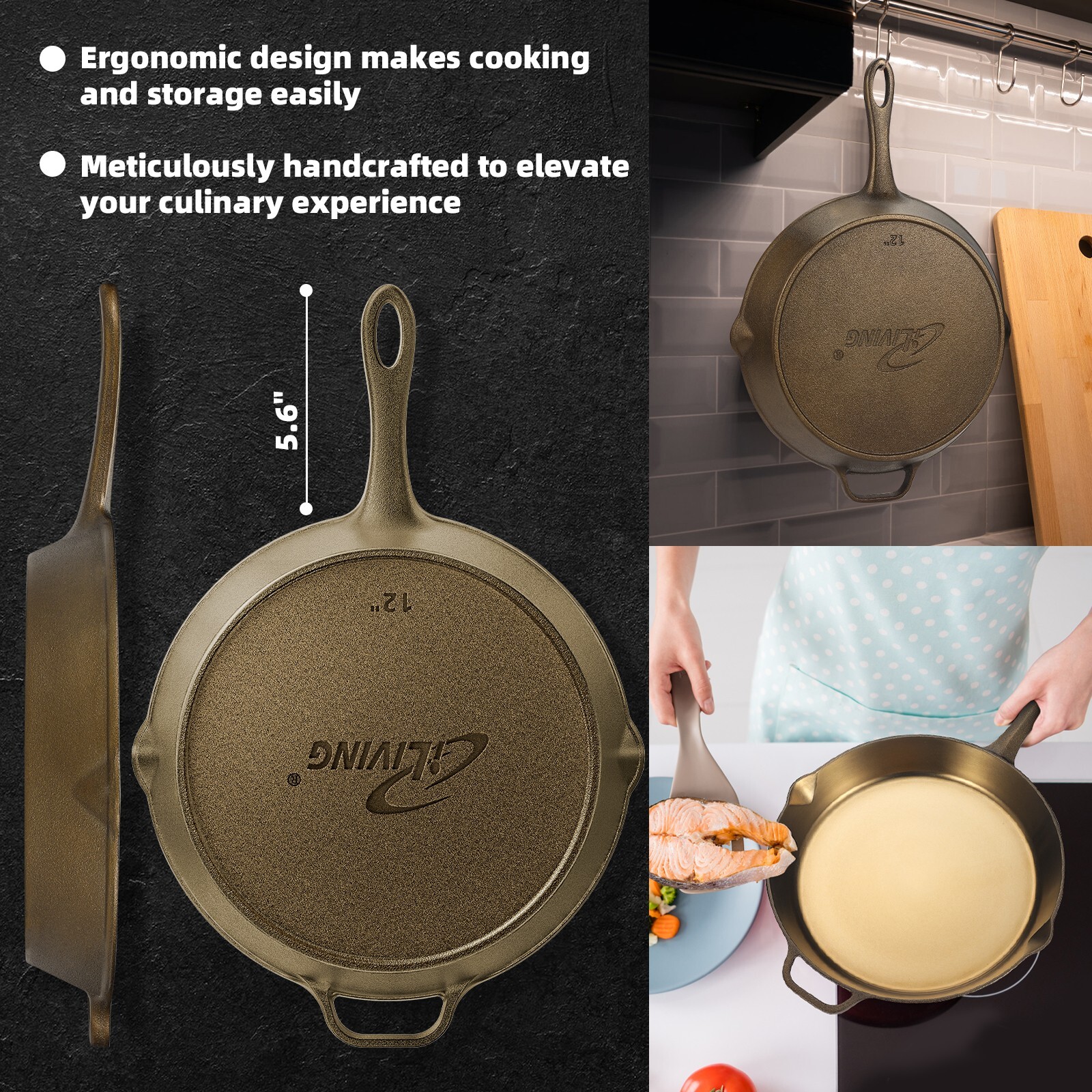 iLiving Seasoned Modern Heirloom Mirror Polished Cast Iron Skillet Pan 12″ 2.7L