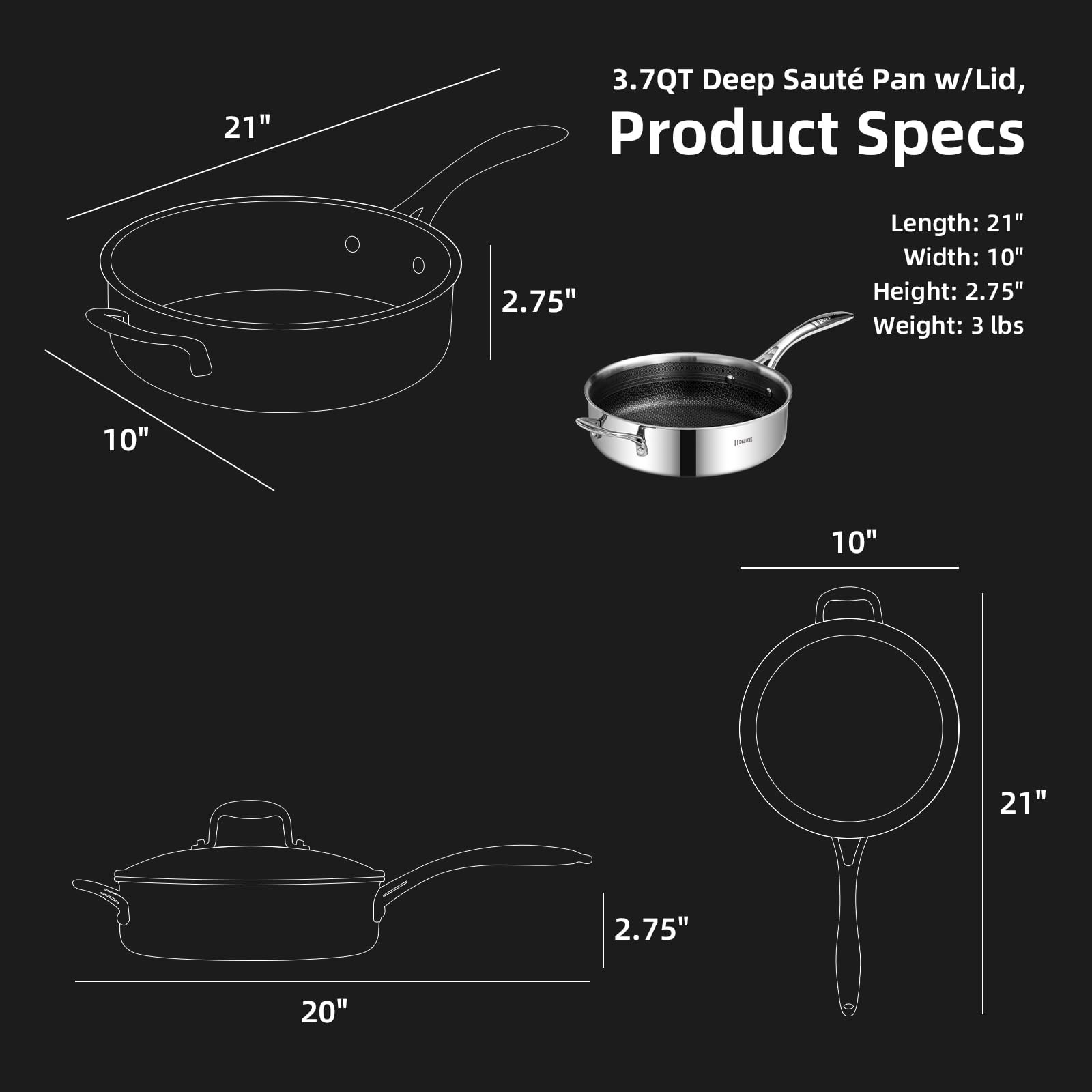 3.7 Qt Hybrid Ceramic Nonstick Deep Sauté Frying Pan & Lid