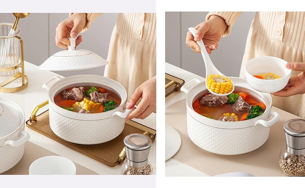 White Soup Tureen with Gold Design,Double Handle Soup Serving Bowl with Lid and