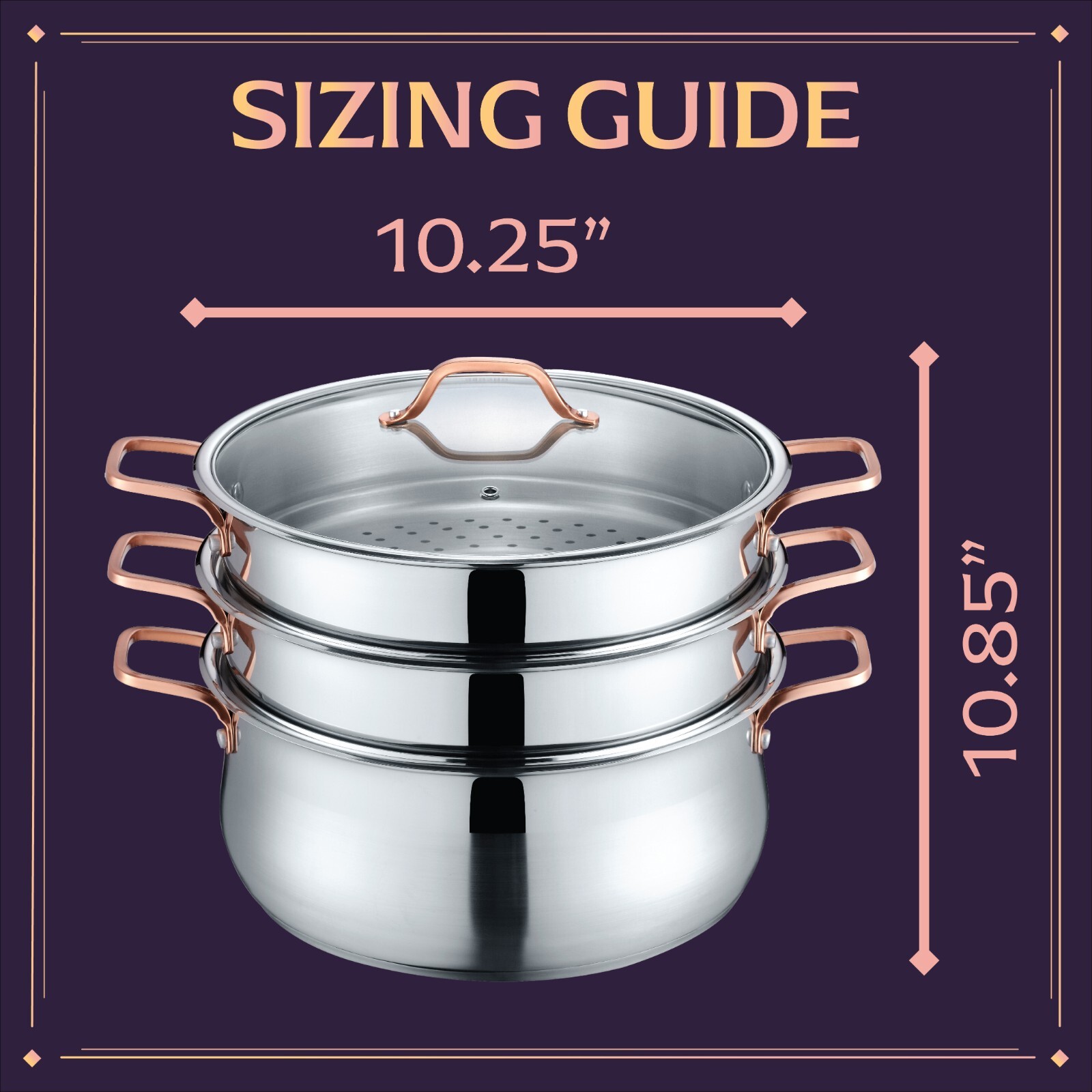 CONCORD Premium Stainless Steel 3 Tier Steamer w/Rose Gold Handles