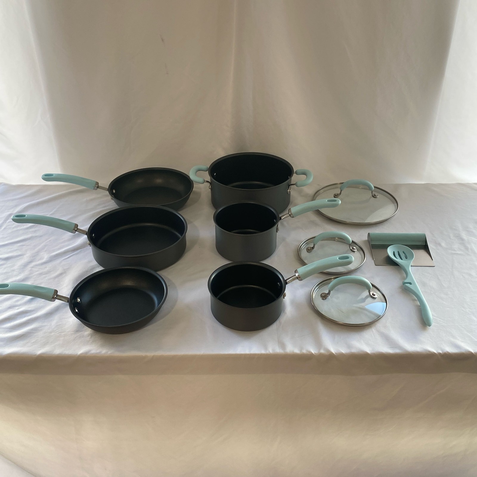 Rachael Ray 11-Pc Hard-Anodized Cookware Set, Light Blue Handles