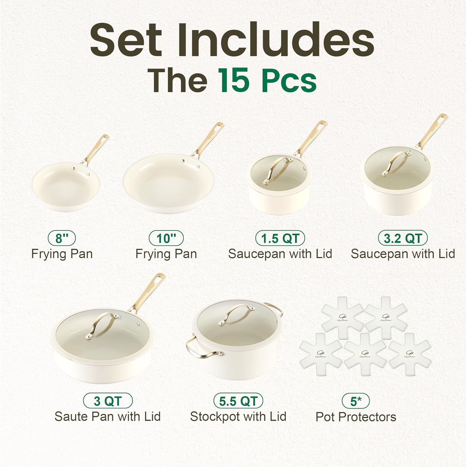 Chef Power Ceramic Cookware Sets, 15Pcs Pots and Pans Set Non Stick, Cookware Se
