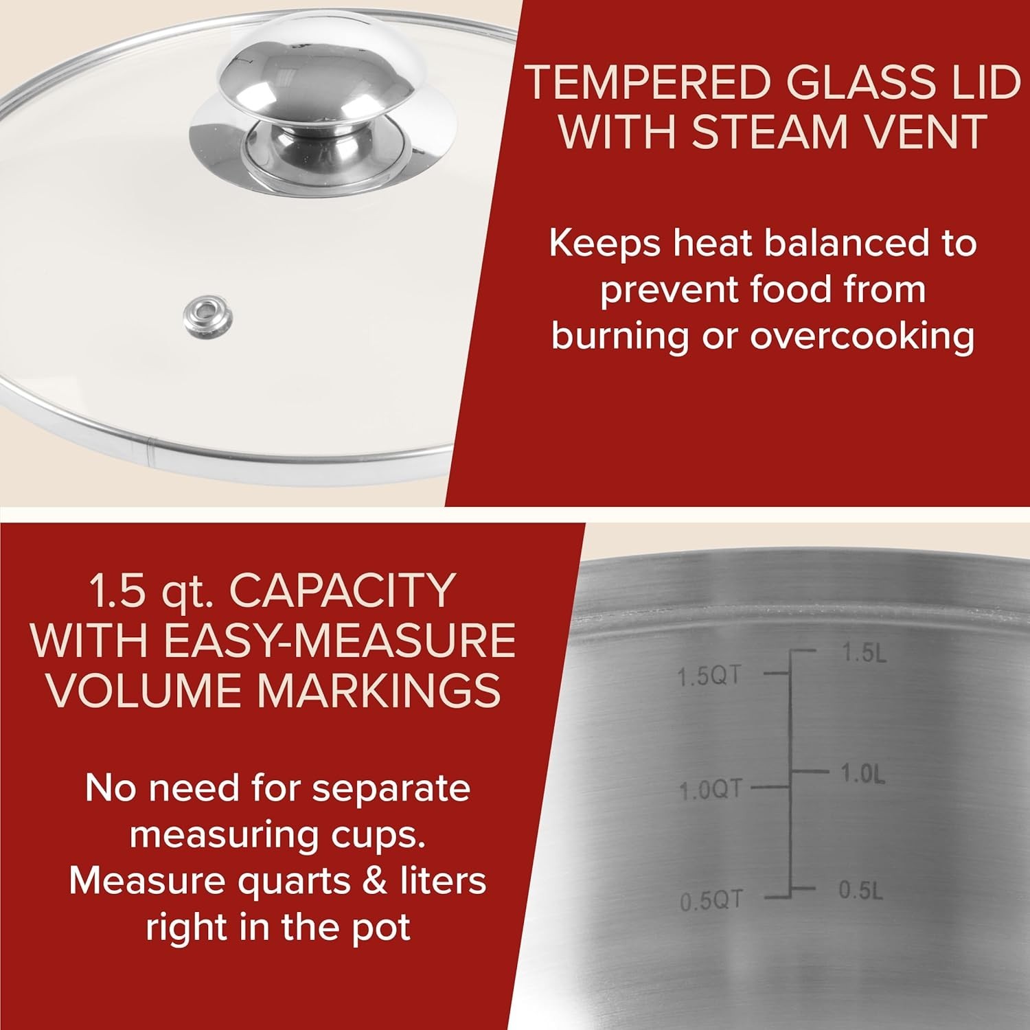 6 Cup Double Boiler Pot Set – 1.5 Quart Stainless-Steel Saucepan 2-in-1 with …