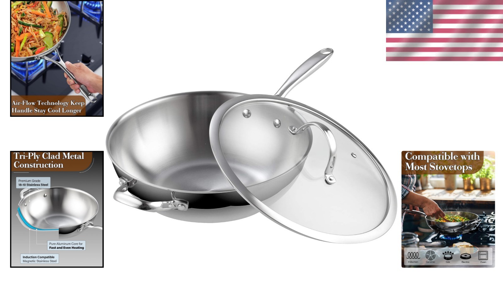 Stainless Steel Wok Pan 12 Inch Stir Fry Pan with Glass Lid Dishwasher Safe