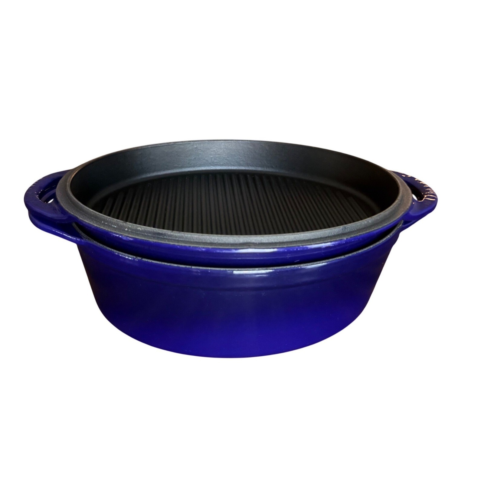 Le Creuset Blue Enameled Cast Iron 2-in-1 Oval Dutch Oven with Grill Pan Lid 28