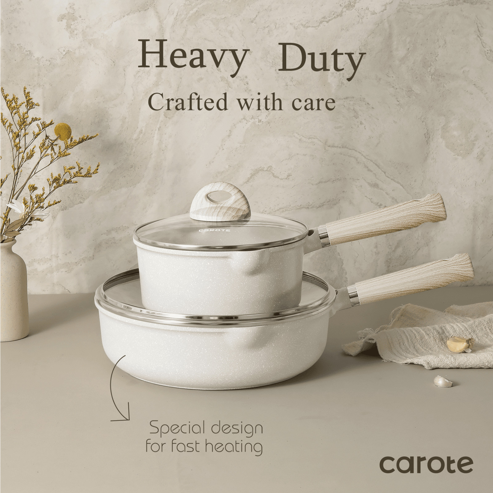 HOT SALES-CAROTE 24 Pcs Granite Nonstick Cookware Set Pots Pans Beige Detachable
