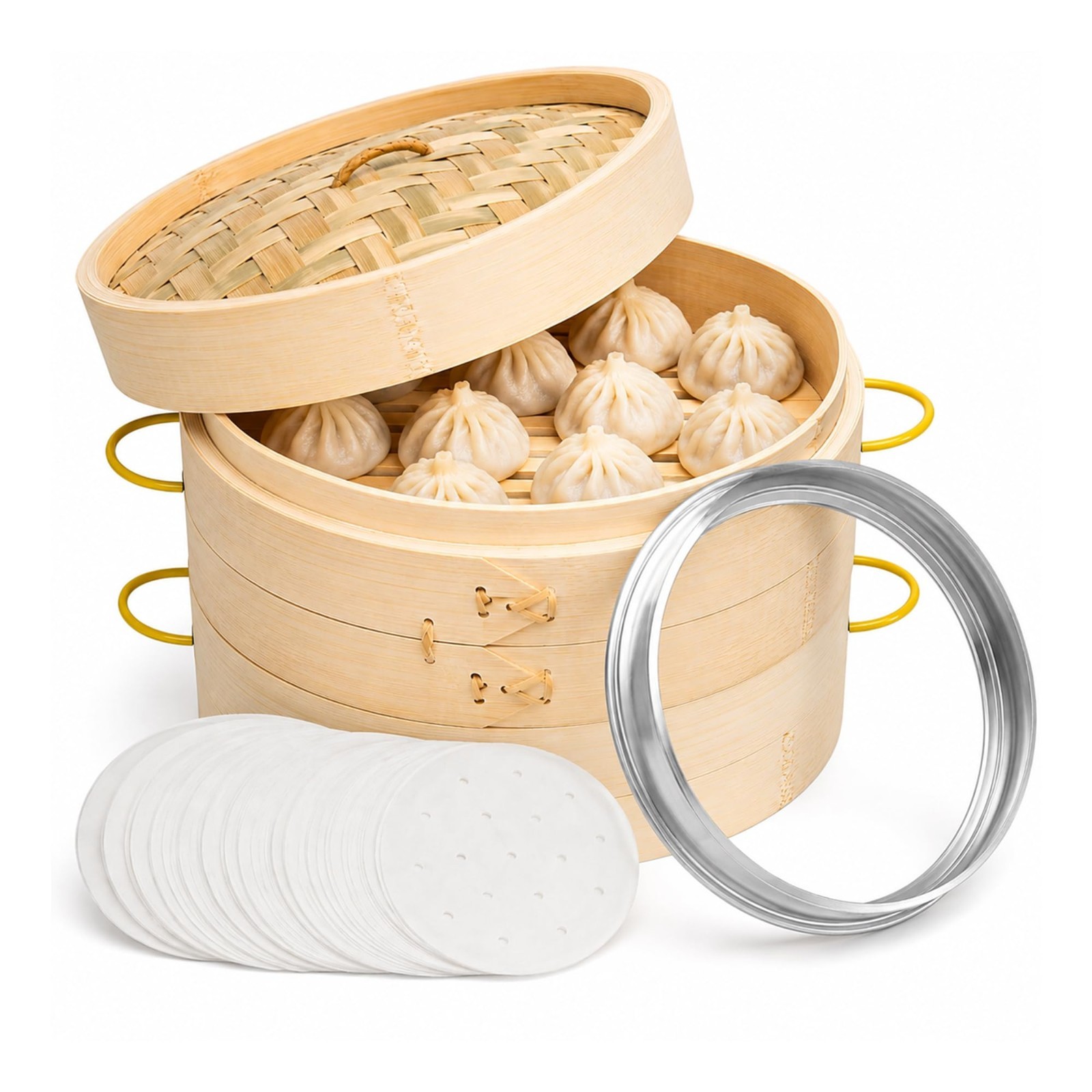 10″ 2-Tier Bamboo Steamer Basket for Dumplings, Dim Sum & Asian Cuisine, Silicon