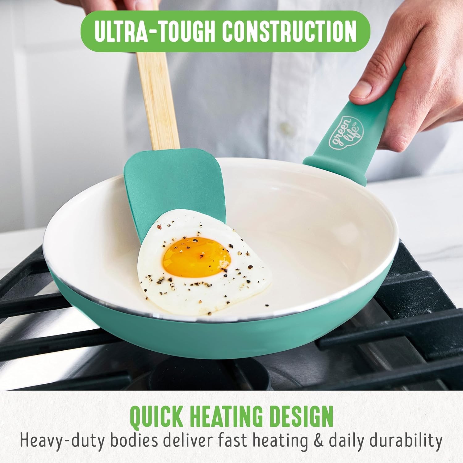 Soft Grip 8” Frypan Skillet & Spatula Breakfast Cookware Set PFAS-Free Ceramic