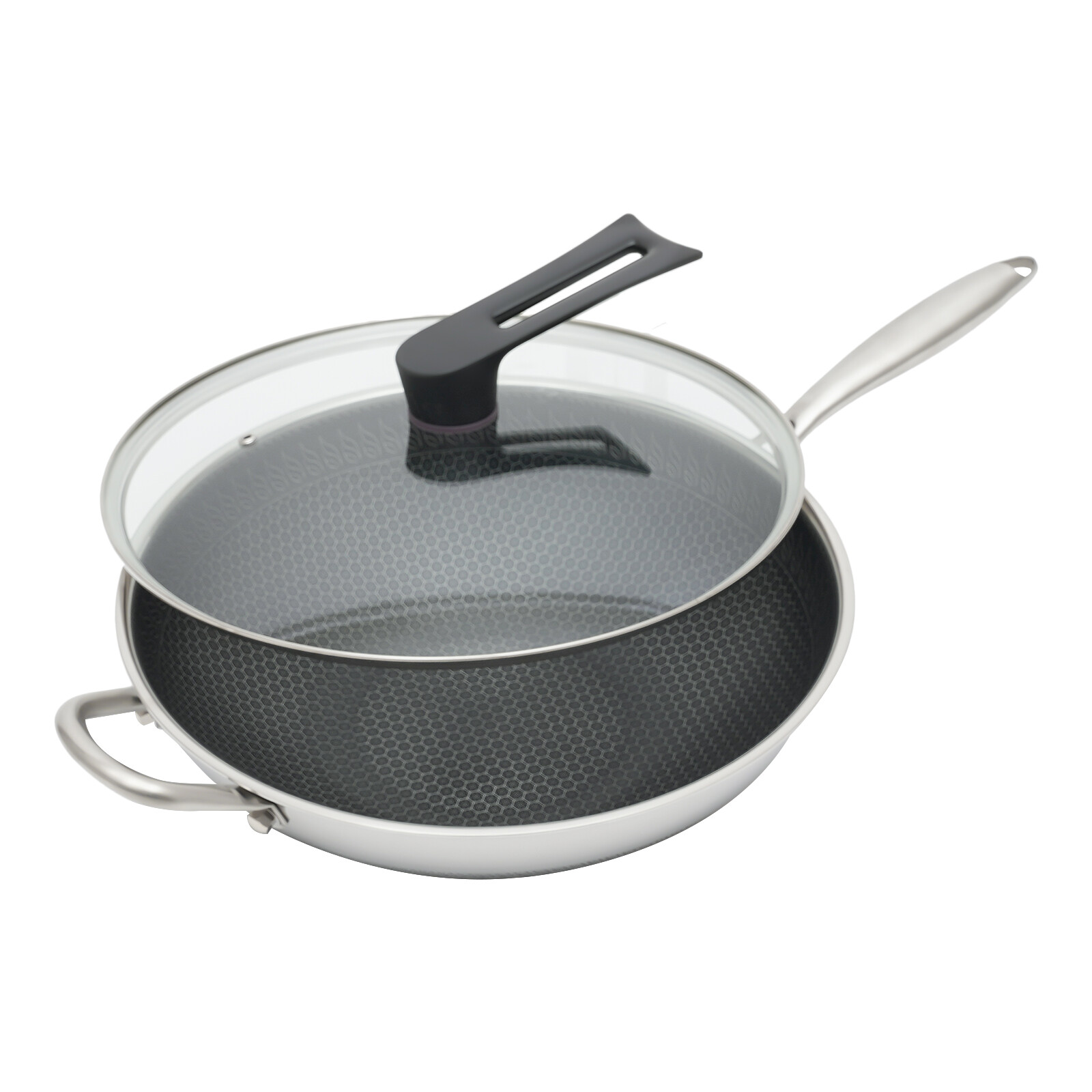 Non Stick Double Sided Honeycomb Cooking Frying Wok Pan with Lid Stainless Steel