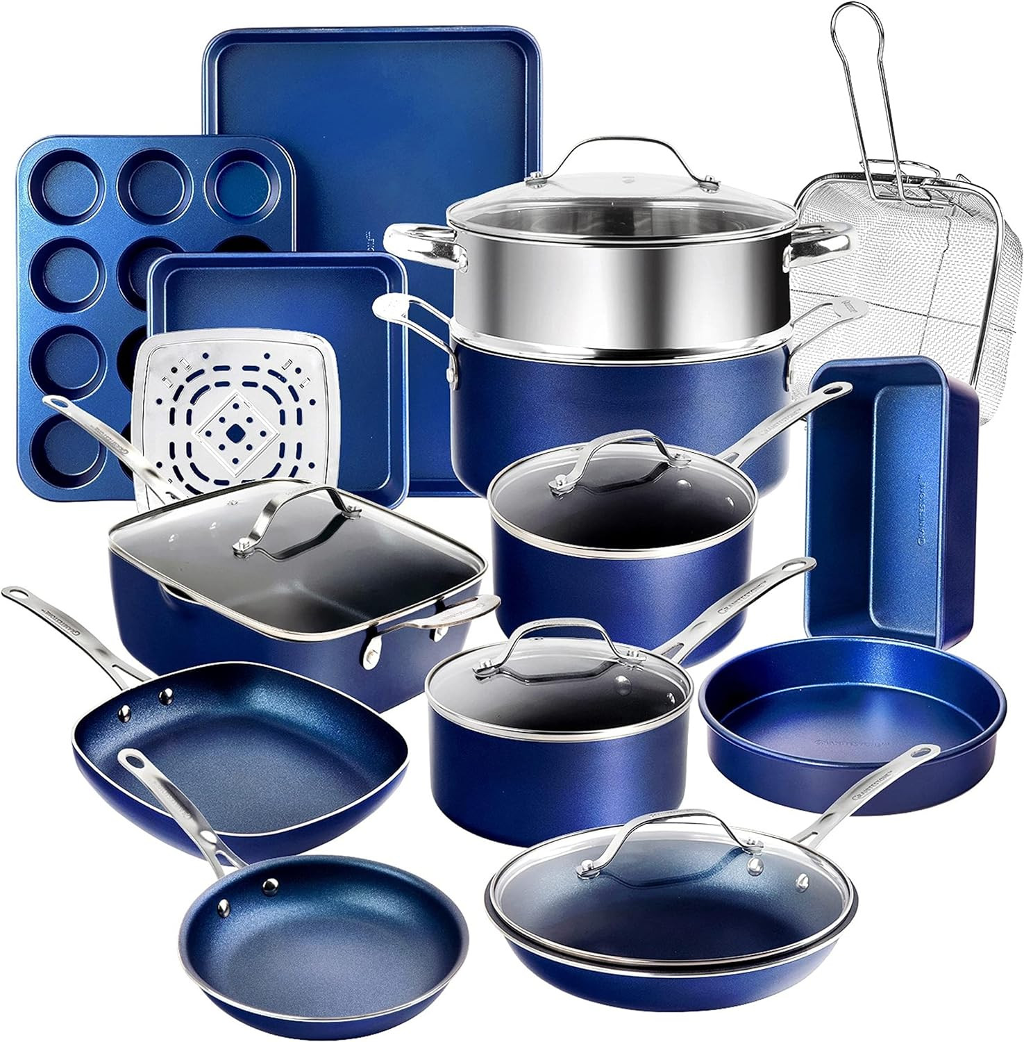 Nonstick Cookware with Lids Bakeware Reinforced Non Toxic Blue 20 Piece Set