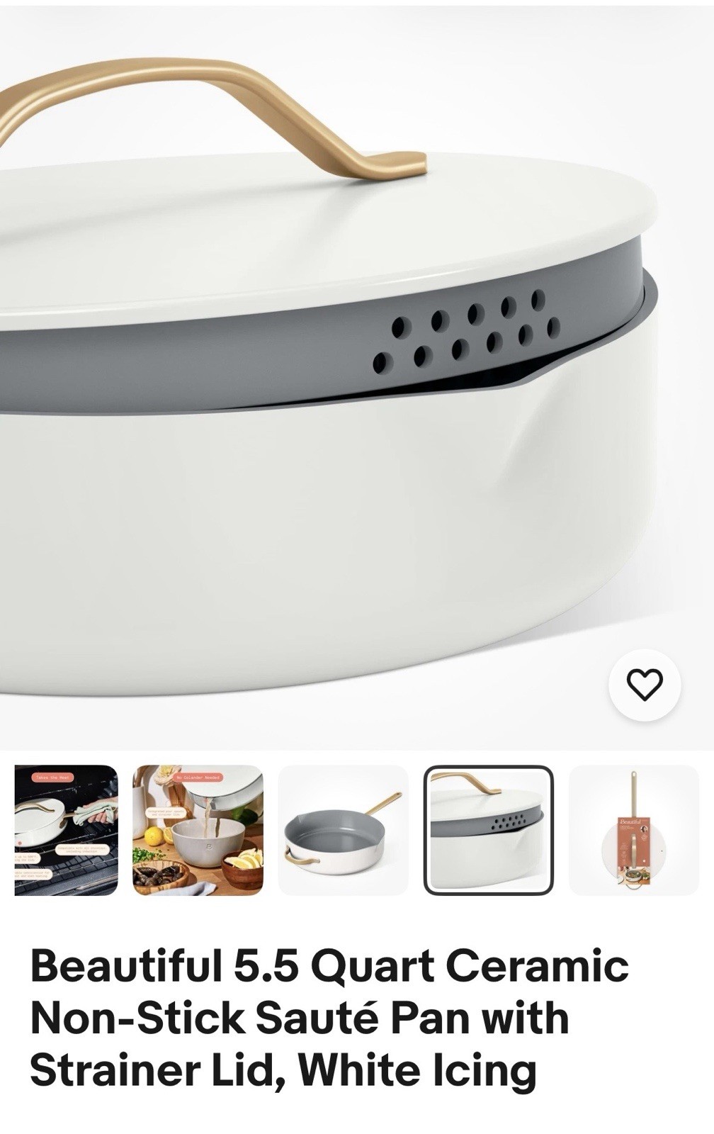 Beautiful 5.5 Quart Ceramic Non-Stick Sauté Pan with Strainer Lid, White Icing