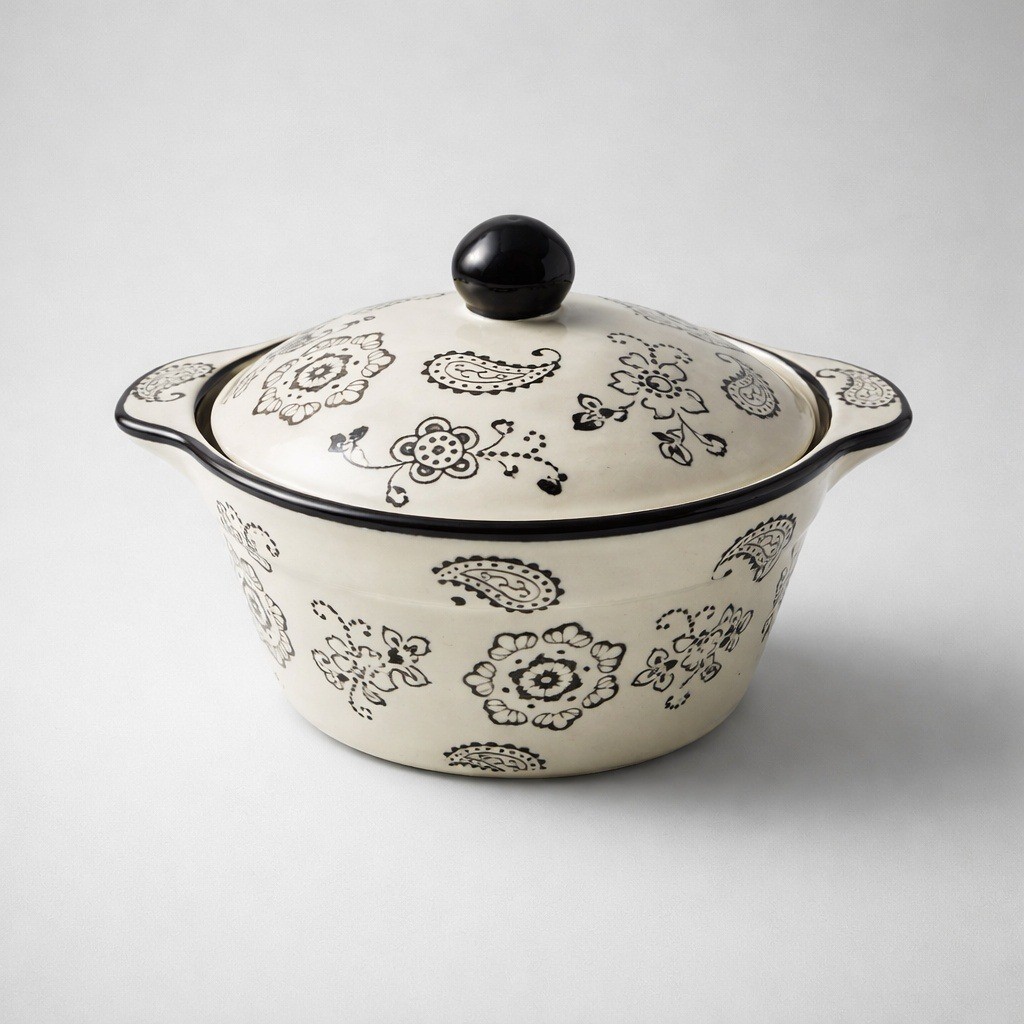 Temp-tations by Tara Paisley Ceramic Casserole Set 2.5QT 1QT Cream Black 5pc