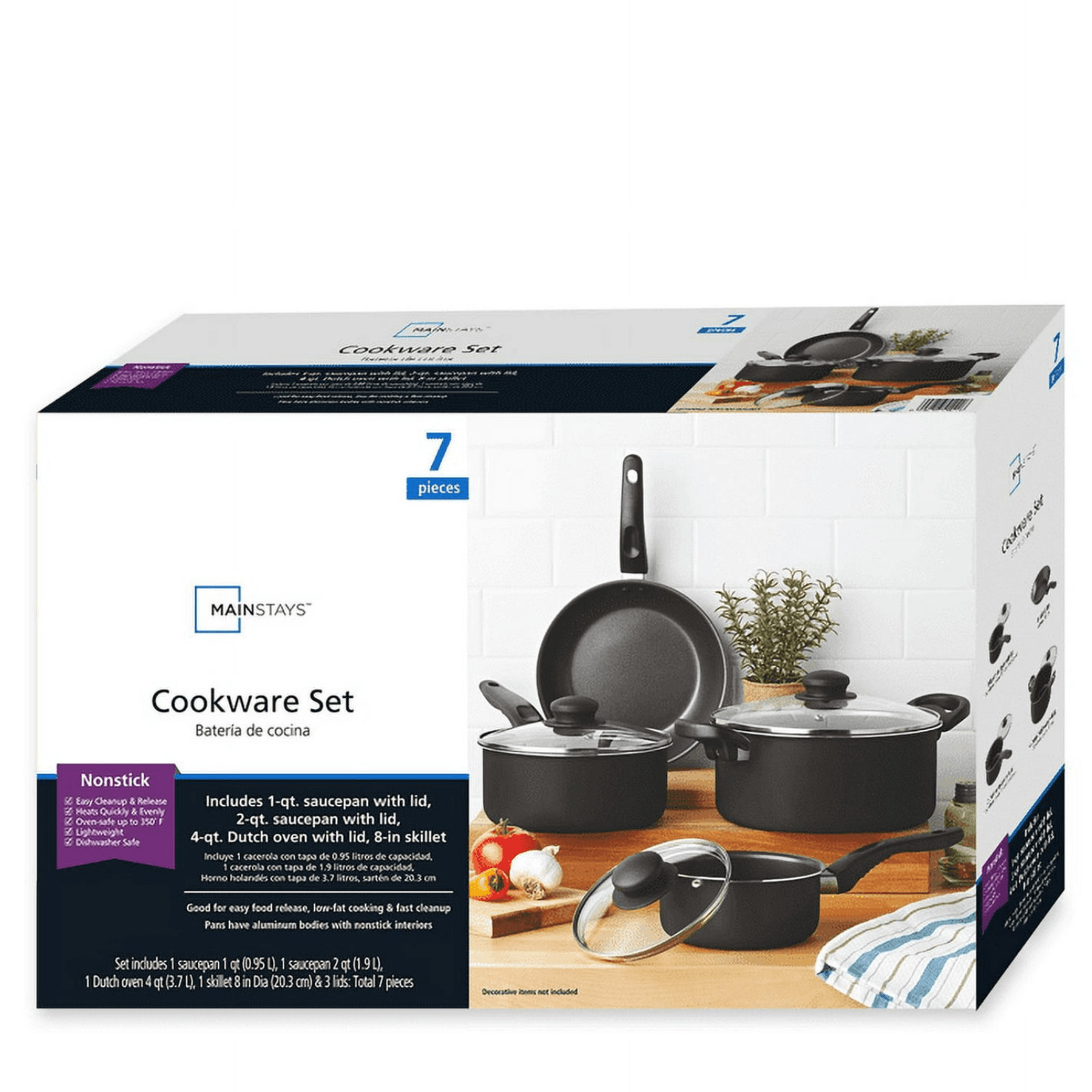 Mainstays 7-Piece Non-Stick Aluminum Cookware Set Pots and Pans Collection