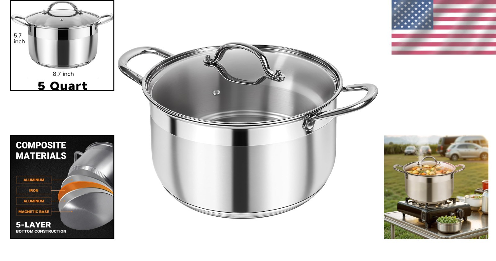 Effortless Cooking: 5 Quart Induction Stock Pot with Even Heat Distribution