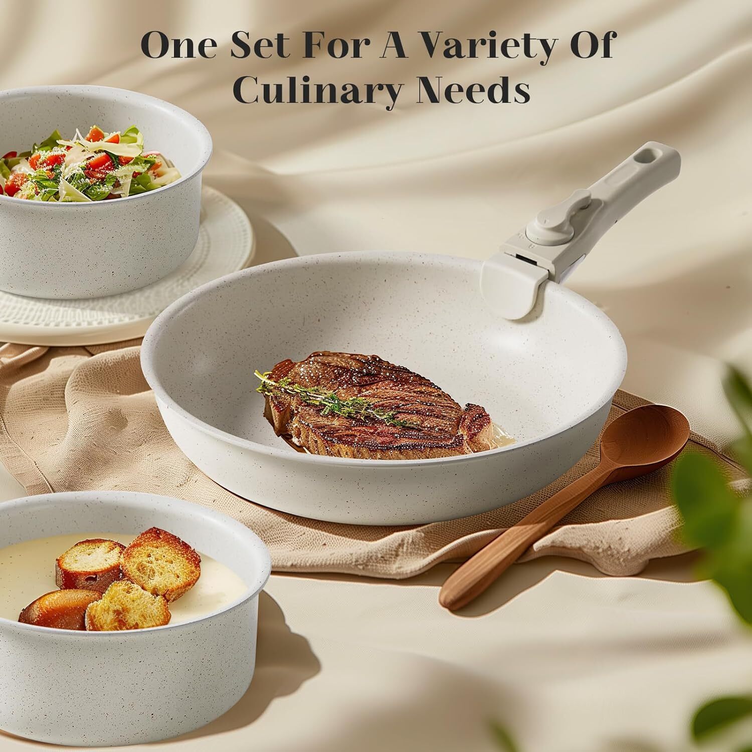 Set of 12 Beige Pot Pan Set Nonstick Kitchen Cookware Set with Detachable Handle