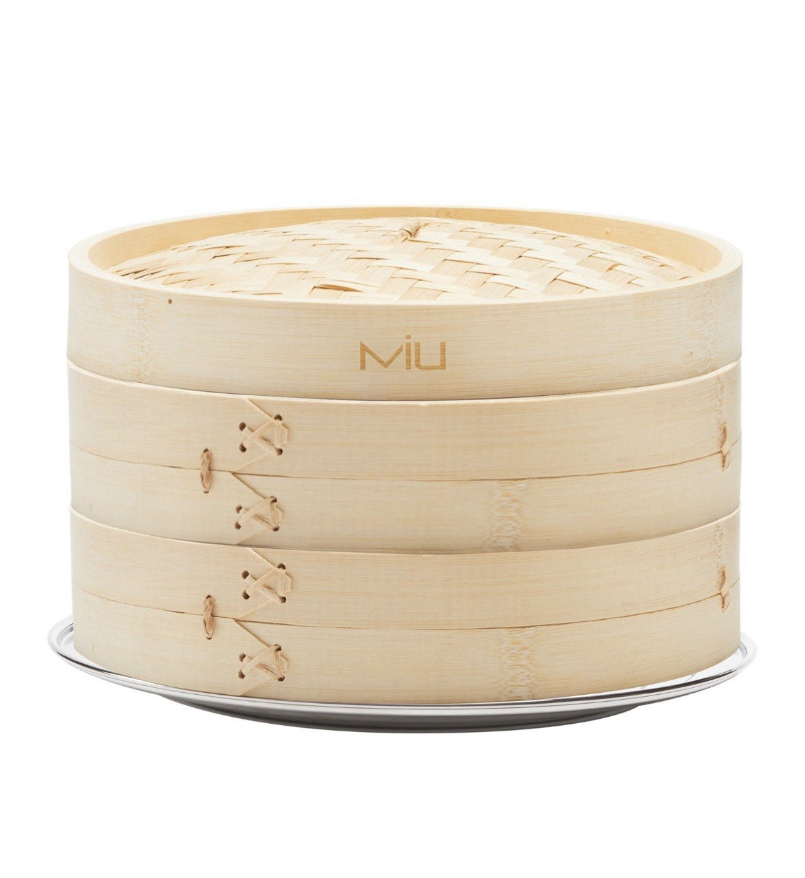 MIU 10″ 2-Tier Bamboo Steamer Basket with Stainless Steel Ring Adapter