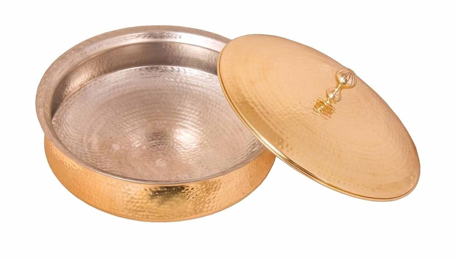 3.5 Litre Brass Lagan Handi with Lid Hammered Finish Round Inside Tin Lining