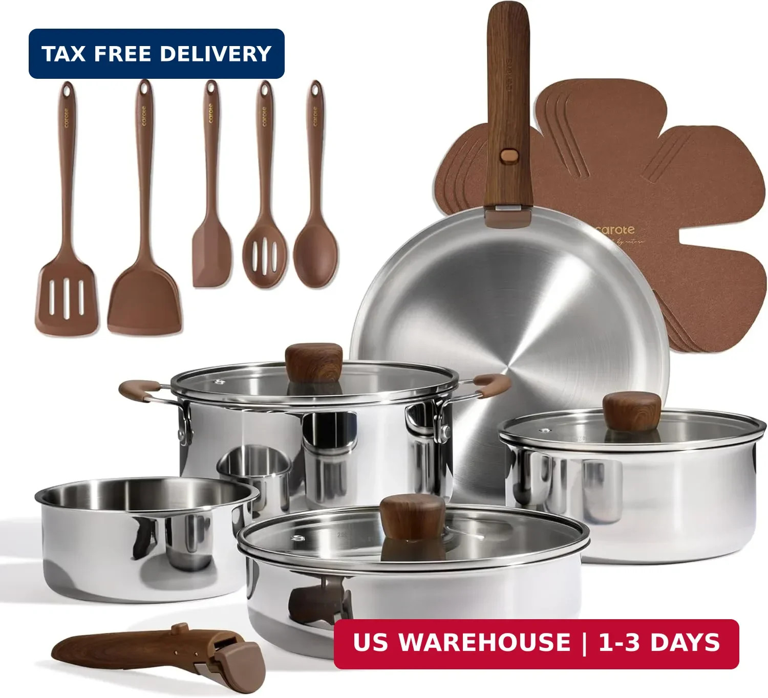 CAROTE 19pcs Stainless Steel Cookware Set with Detachable Handle, Pots and Pans