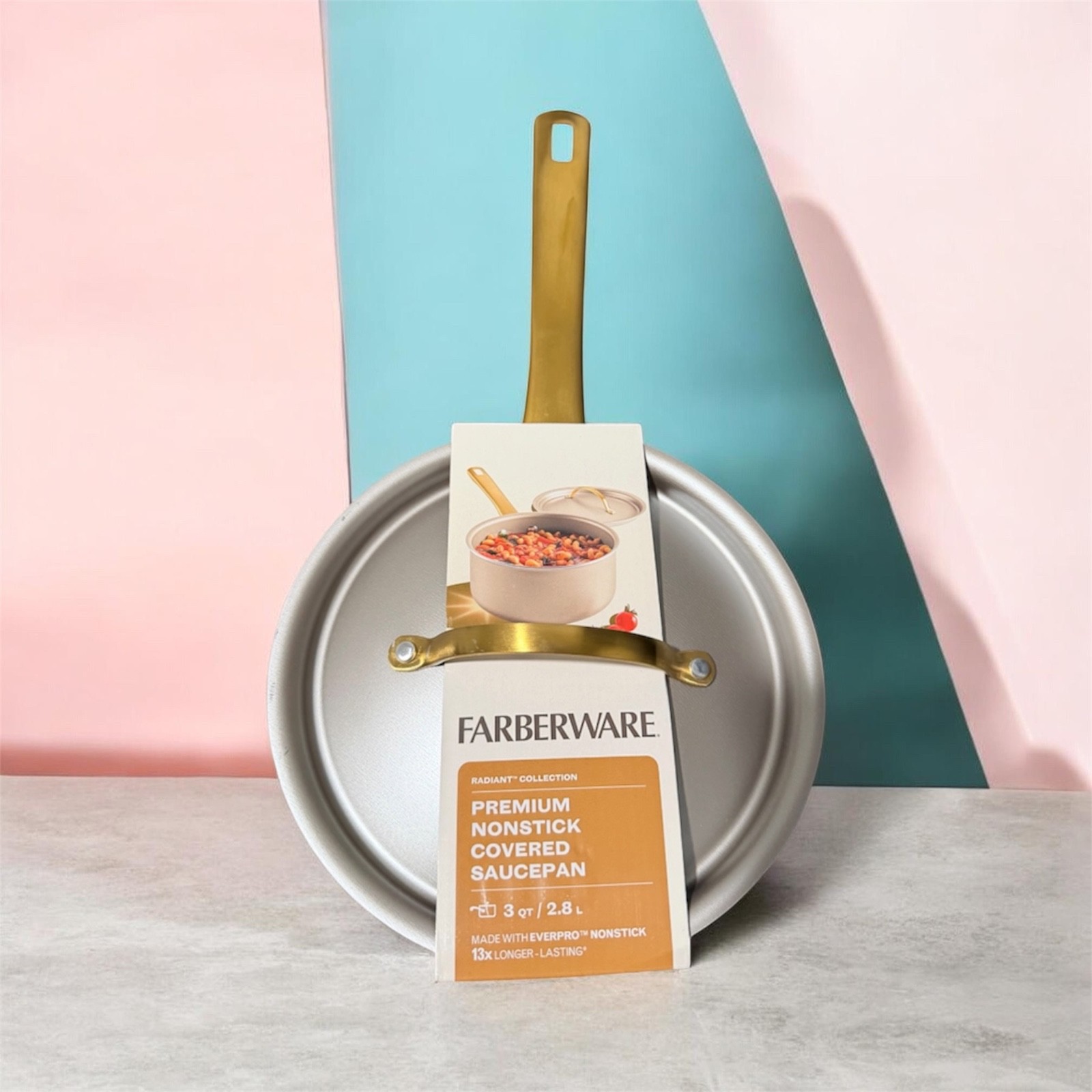 3 Qt. FABERWARE Non-stick PREMIUM Ceramic Saucepan w/ Lid Champagne & Gold. NEW!