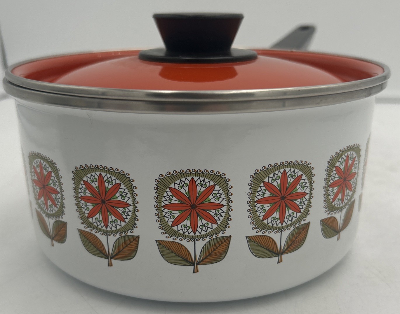 VINTAGE Enamelware 7 Piece Pots, Skillet & Kettle Set – Red Floral – MINT CONDT.