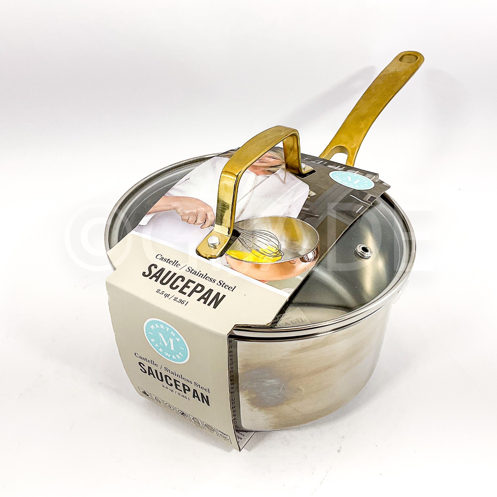 Martha Stewart Stainless Steel 2.5-Qt Sauce Pans With Gold Trim New