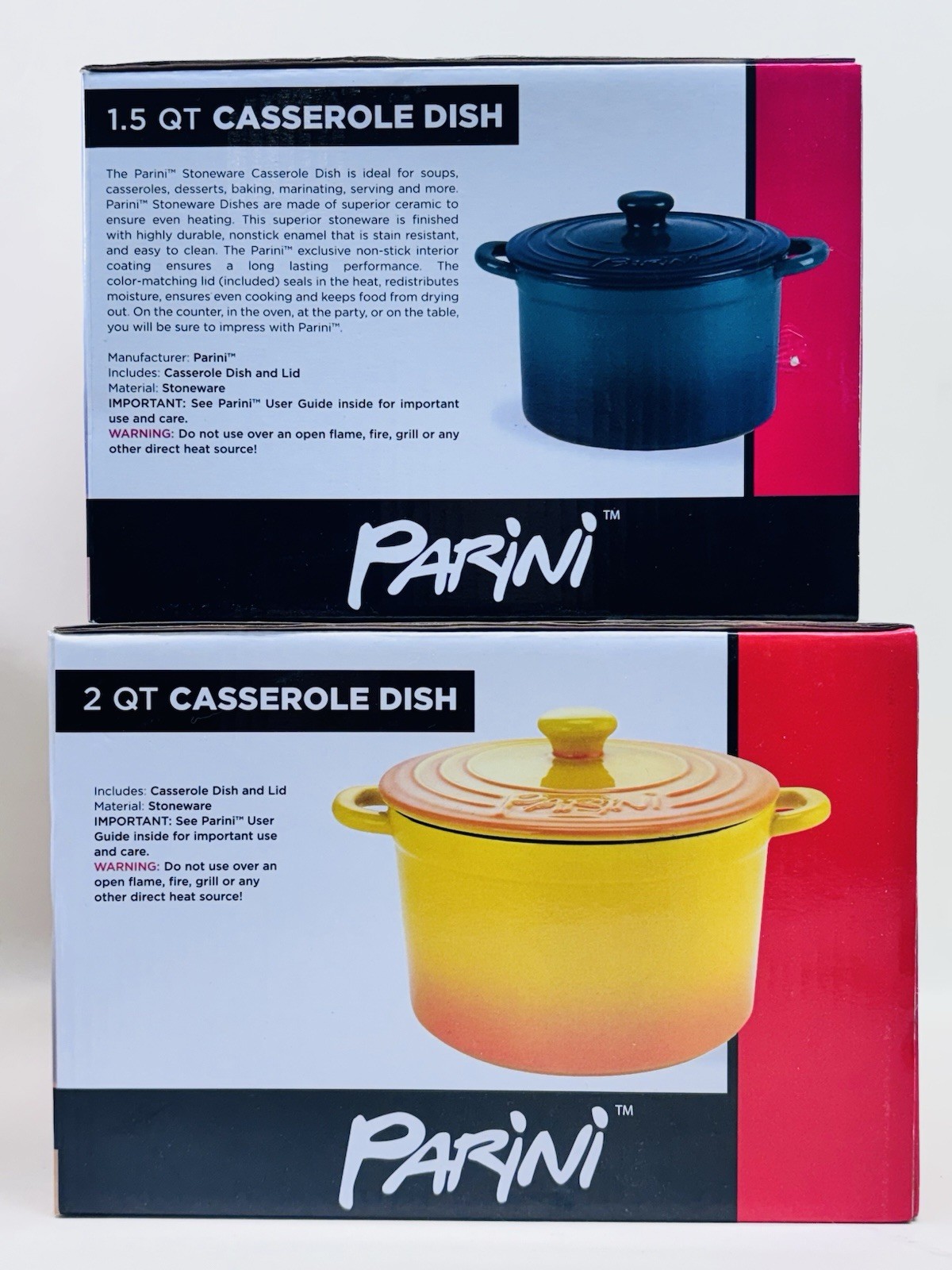 Parini Stoneware Casserole Dish Set 2 Qt 1.5 Qt w Lids New In Box Lot 2