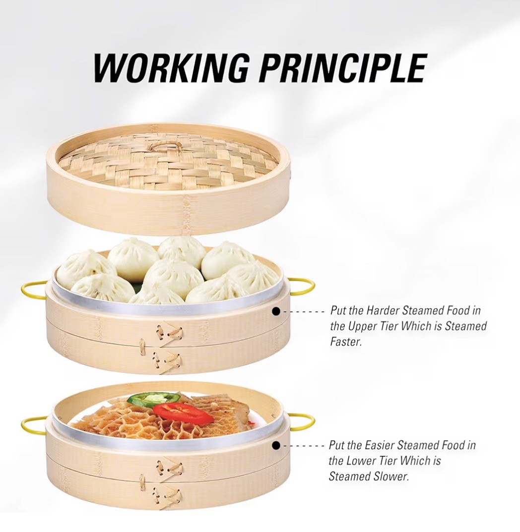 10″ Bamboo Steamer Basket Set – 2 Tier Dumpling Steamer with Handles & Liners