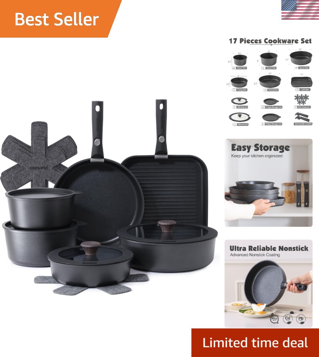 17 Piece Nonstick Cookware Set with Removable Handle Induction Safe Kitchen P…