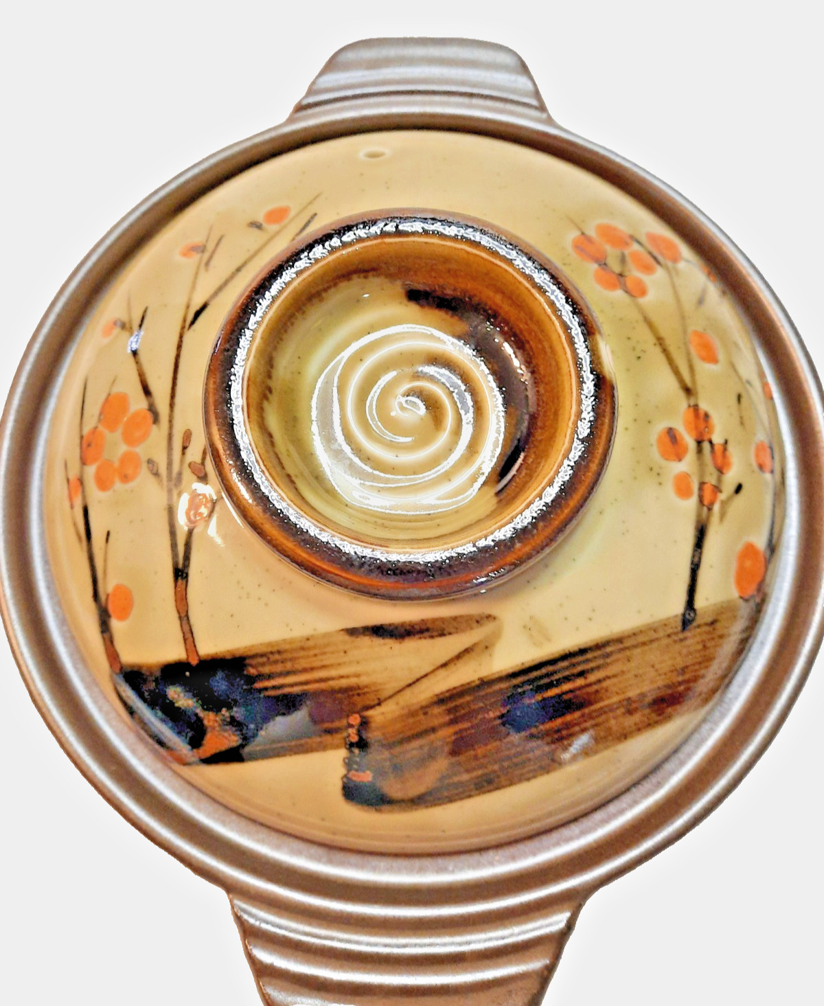 Japanese-Earhenware Donabe Cooking Pot-Hand Painted-Cherry Blossoms-Brown/Orange