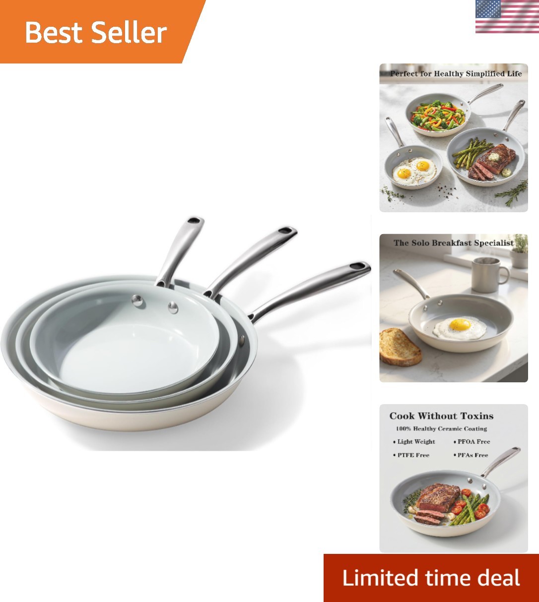 Cookware Ceramic Nonstick Frying Pans: 3Pieces Non Stick Skillet 8 9.5 11 Inc…