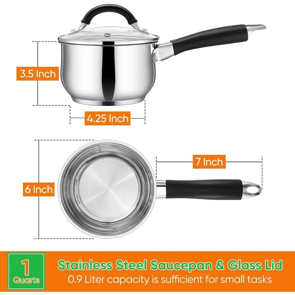 1 Quart Sauce Pan with Lid, Stainless Steel Saucepan, Small Milk Pot for