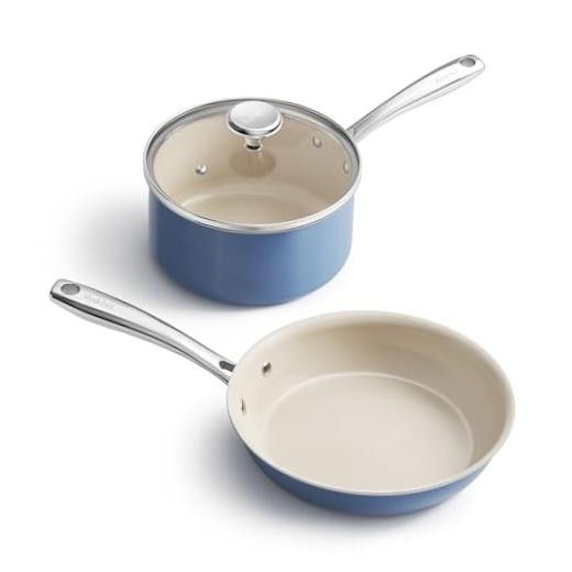 Saucepan & Frying Pan Set, 8″ Ceramic Frying pan & 2.5Qt Saucepan 3pc Set Blue