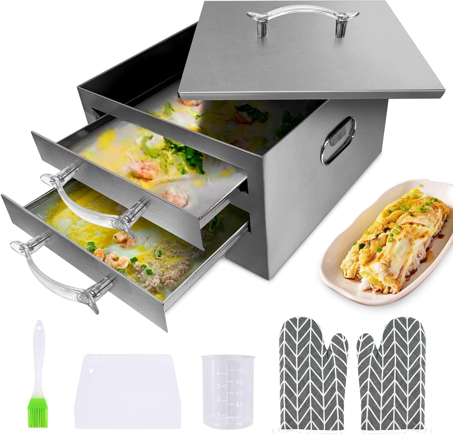 2-Layer Stainless Steel Rice Roll Steamer with Acrylic Handle for Cheung Fun