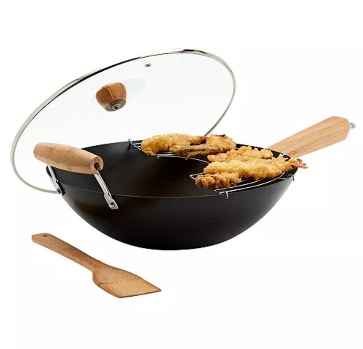 Infuse Carbon Steel 4Pc Nonstick 13.75”Wok Set Bamboo Handle Induction Ready.R10