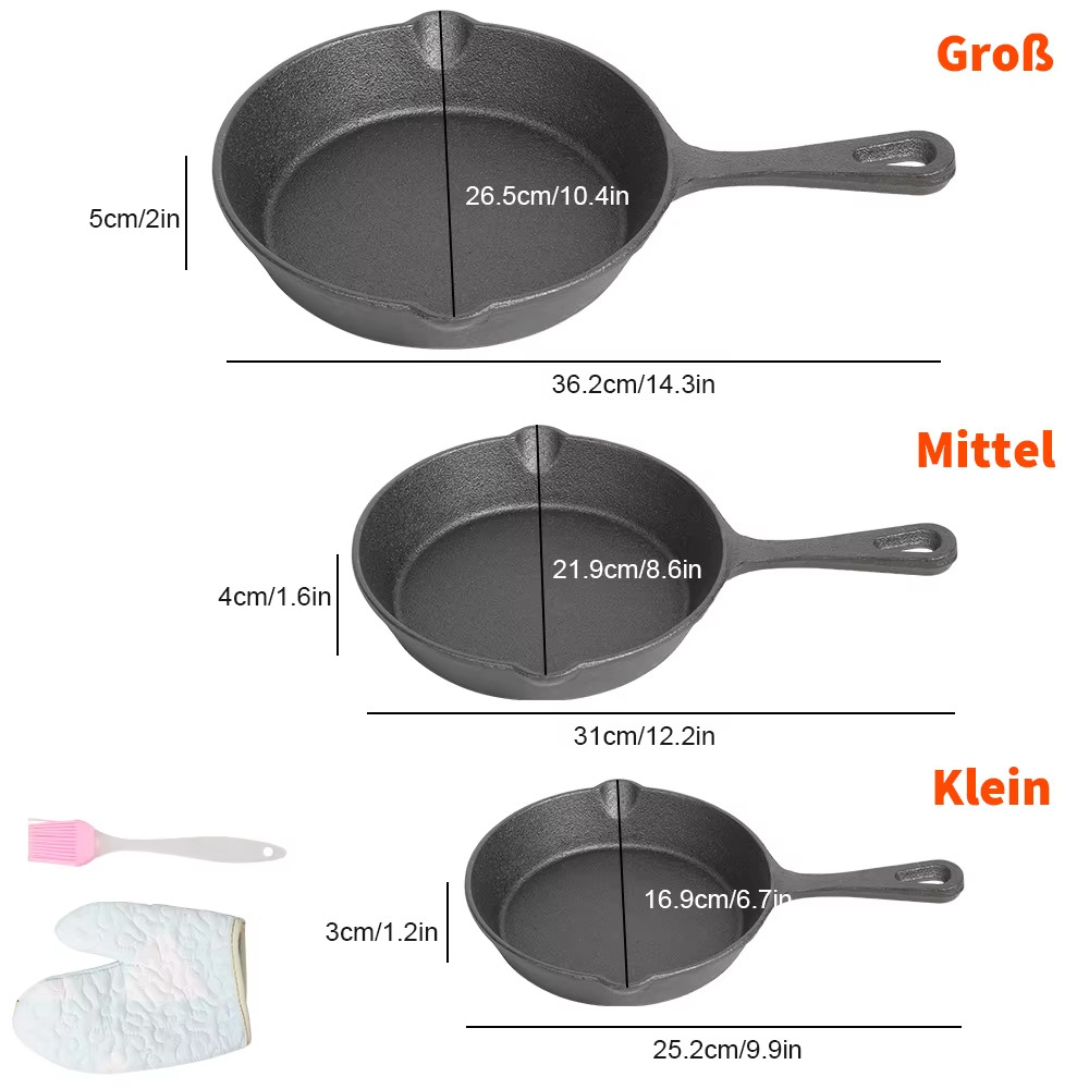 Frying Pan Set Uncoated Non Stick Omelette Cooking Pans 3pc Cast Iron Butter Egg