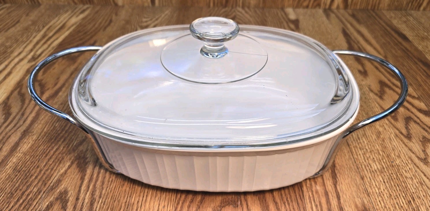 Vtg Corning Ware French White F-2-B Pyroceram Oval Casserole Dish Lid & Cradle