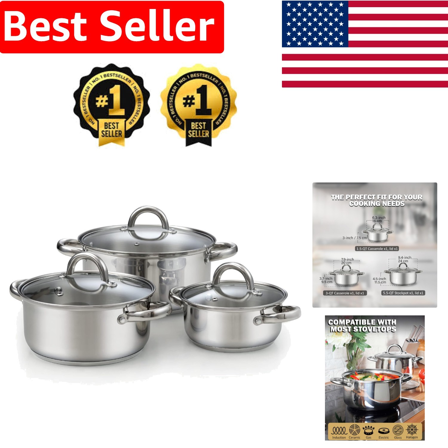 Stainless Steel 6-Piece Saucepan & Stock Pot Set with Lid Compatibility