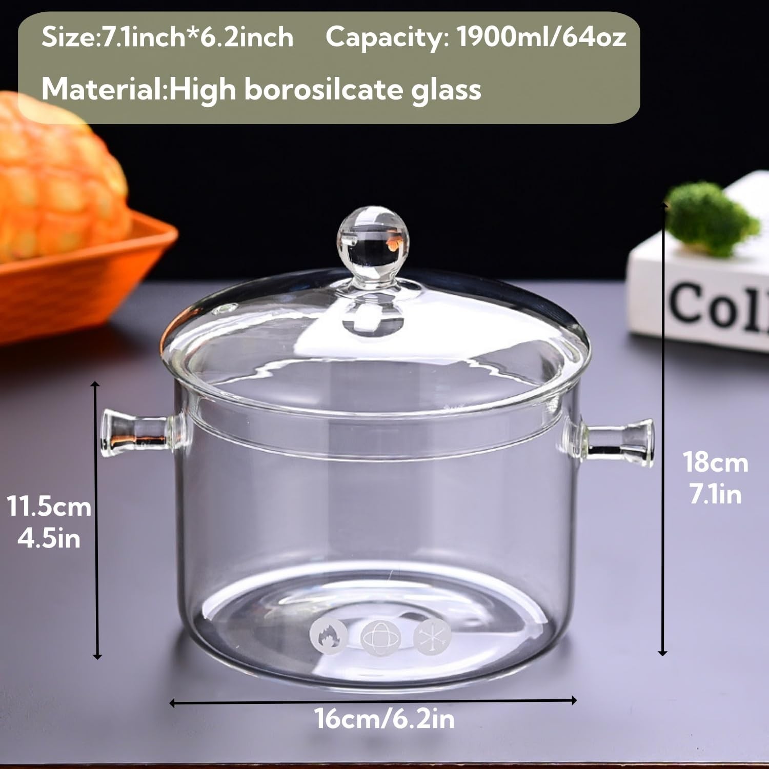 1.9L Glass Cooking Pots Heat-Resistant Borosilicate Glass Saucepan W/ Cover Hot