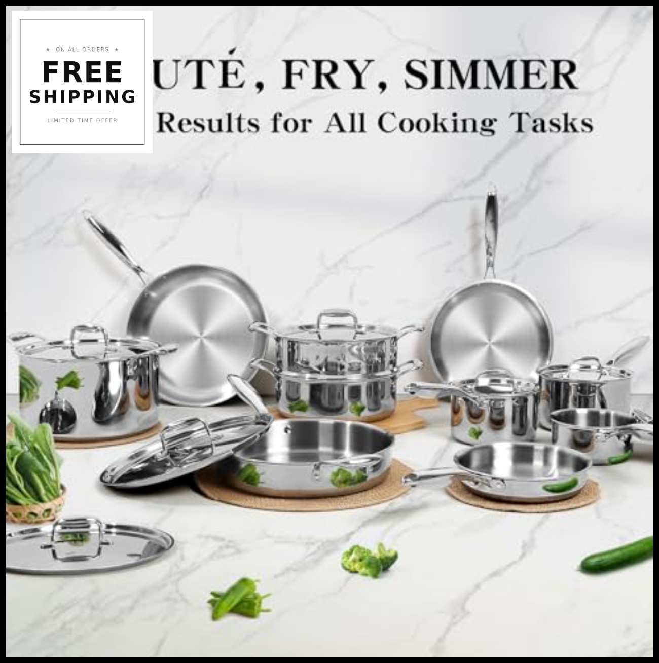 Stainless Steel Cookware Set 17 Piece 3 Ply Induction Saucepan Stock Pot