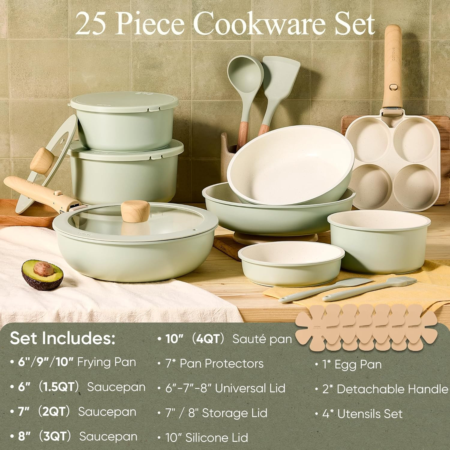25Pcs Non Stick Cookware Set with Detachable Handle, Space Saving