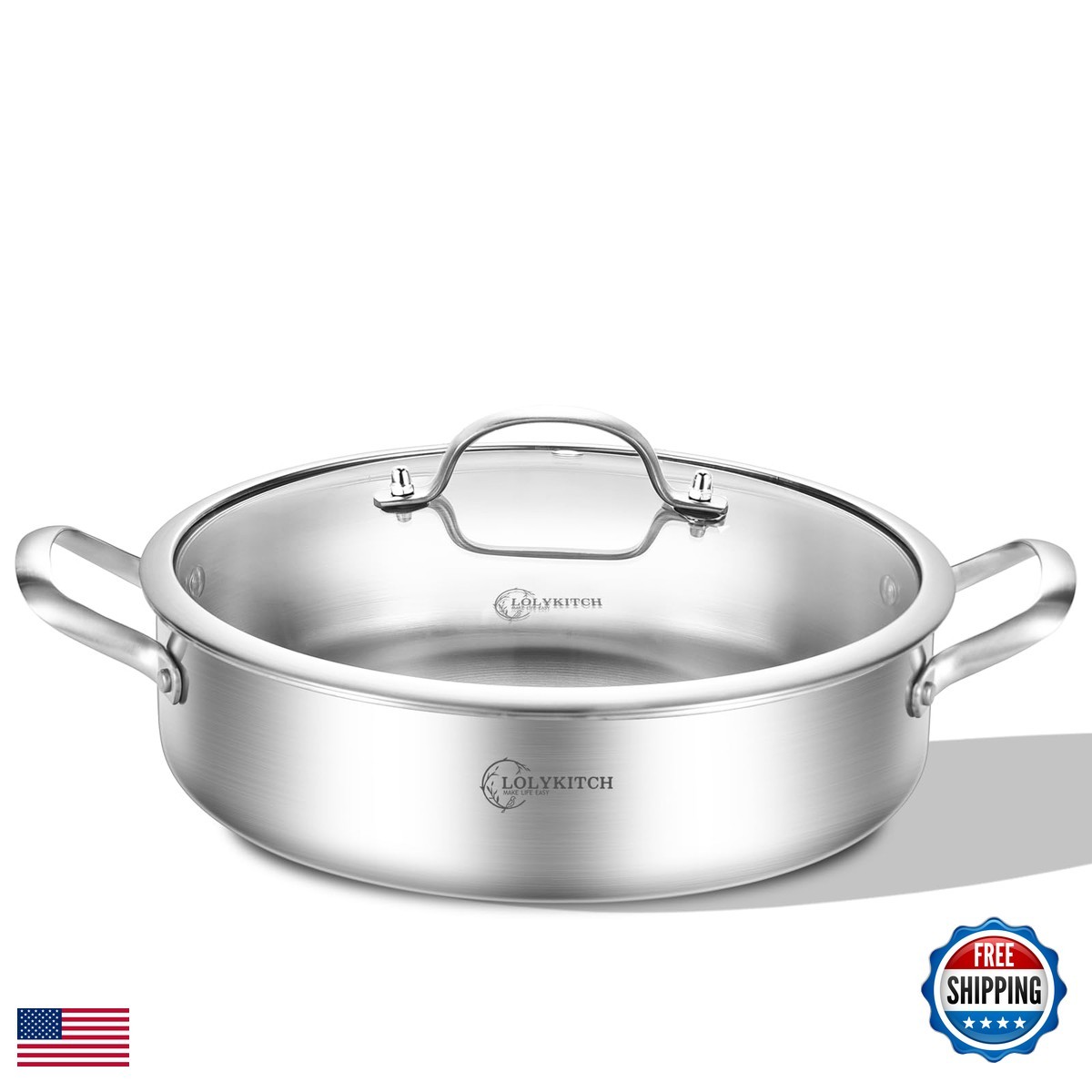 Lolykitch 5 Qt Tri-Ply Stainless Steel Saut Pan Lid12 Inch Deep Frying Panlarge