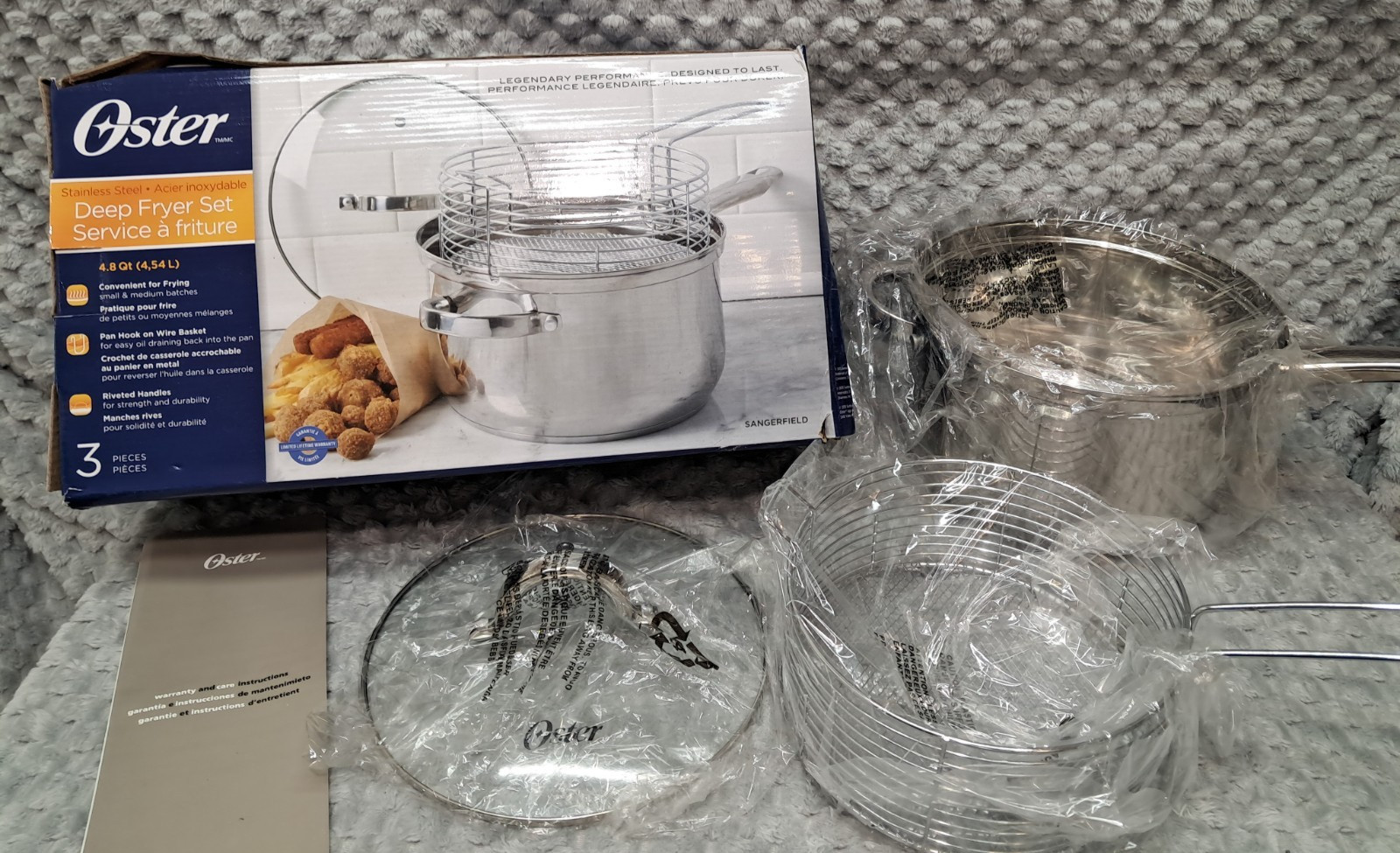 New Oster Sangerfield 3pc Deep Fryer Set 4.8 QT Stainless Steel With Basket Lid