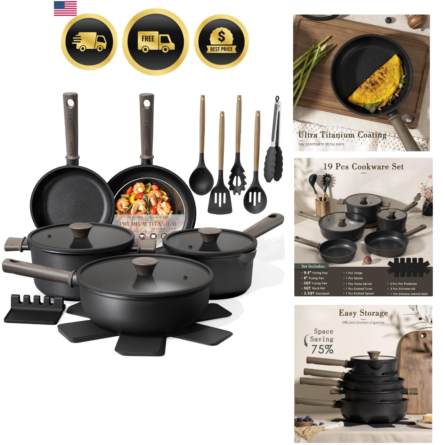 19 Pcs Pots and Pans Set Non Stick, Black Titanium Induction Kitchen Cookware…