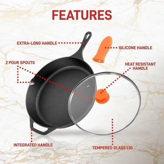 NutriChef 18.11″x12.44″x2.32″ Gray Iron Frying Pan – 500°F Oven Safe, PFOA-Free