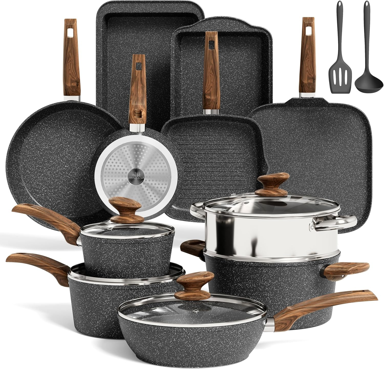 17-Piece Nonstick Granite Cookware Set for Induction Cooktops – Black